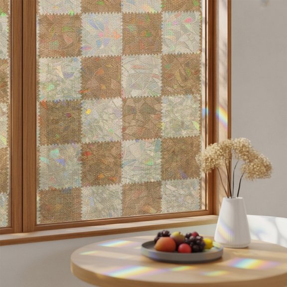 Window Privacy Film, Square Checks Stained Glass Rainbow Film Vintage Minimalist Tan Beige Blocks Gingham Decorative Window Clings, Static Cling Sun Blocking Stickers For Bathroom 17.7"x39.3"
