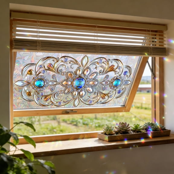 Window Privacy Film, Stained Glass Decorative Static Cling, Removable Laser Sun Blocking Vinyl Covering,Frosting Window Film for Home Kitchen Living Room,17.7"x39.4"