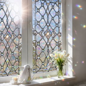 Window Privacy Film, Stained Glass Decorative Static Cling, Removable Laser Sun Blocking Vinyl Covering,Frosting Window Film for Home Kitchen Living Room,17.7"x39.4"