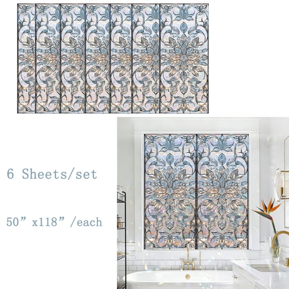 Window Privacy Film, Stained Glass Decorative Static Cling, Removable Laser Sun Blocking Vinyl Covering,Frosting Window Film for Home Kitchen Living Room,17.7"x39.4"
