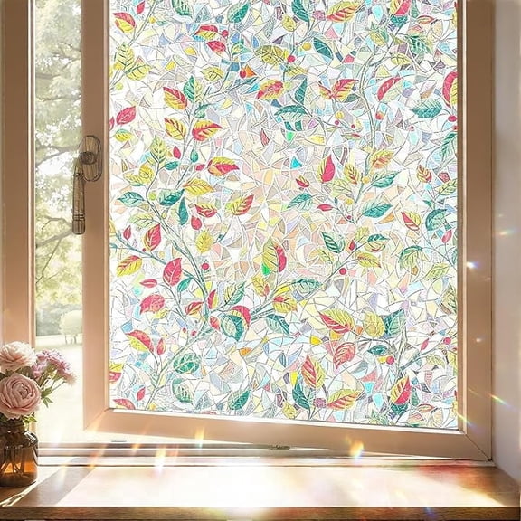 Window Privacy Film, Stained Glass Decorative Static Cling, Removable Laser Sun Blocking Vinyl Covering, Window Film for Home Kitchen Living Room, Autumn Leaf Fantasy, 17.5" x 78.7"