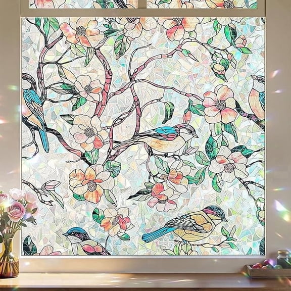 Window Privacy Film, Stained Glass Decorative Static Cling, Removable Laser Sun Blocking Vinyl Covering, Window Film for Home Kitchen Living Room, Blooms & Birds Paradise, 17.5" x 78.7"