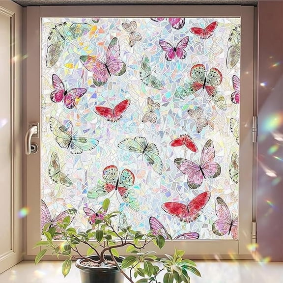 Window Privacy Film, Stained Glass Decorative Static Cling, Removable Laser Sun Blocking Vinyl Covering, Window Film for Home Kitchen Living Room, Laser Butterfly, 17.5" x 78.7"