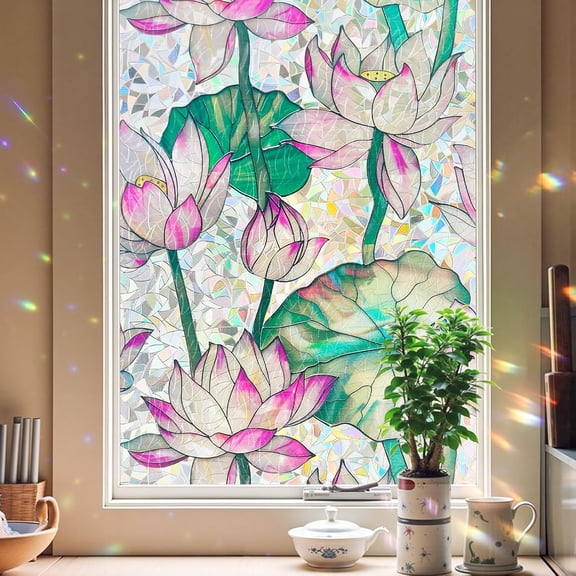 Window Privacy Film, Stained Glass Decorative Static Cling, Removable Laser Sun Blocking Vinyl Covering, Window Film for Home Kitchen Living Room, Lotus, 17.5" x 78.7"