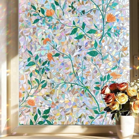 Window Privacy Film, Stained Glass Decorative Static Cling, Removable Laser Sun Blocking Vinyl Covering, Window Film for Home Kitchen Living Room, Orange Blossom, 17.5" x 78.7"