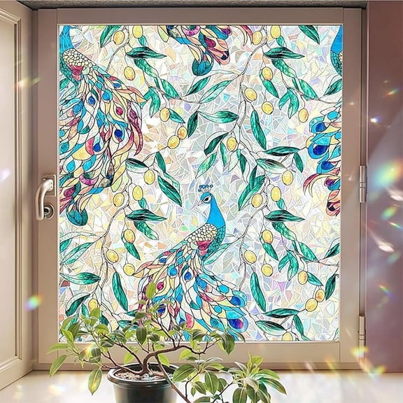 Window Privacy Film, Stained Glass Decorative Static Cling, Removable Laser Sun Blocking Vinyl Covering, Window Film for Home Kitchen Living Room, Peacock Garden, 17.5" x 78.7"