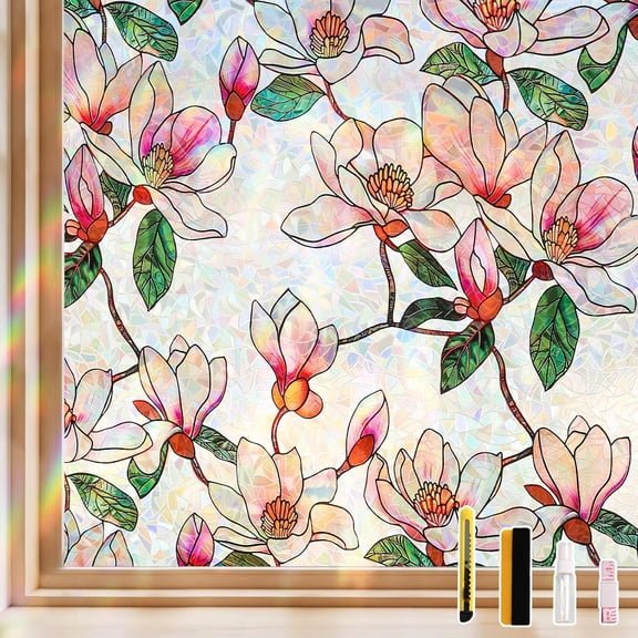 Window Privacy Film, Stained Glass Floral Window Clings, Static Cling UV Blocking Vinyl, Rainbow Magnolia Decals, Non-Adhesive Heat Control for Bathroom Door 17.5 x 78.7 inches