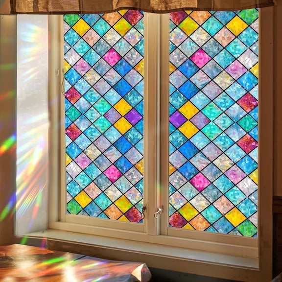 Window Privacy Film Stained Glass Rainbow Window Clings 3D Static Stained Glass Cling Tint Non-Adhesive Reusable Decorative for Home(Rhombus,17.5 x 78.7 in)