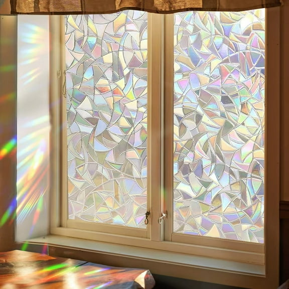 Window Privacy Film Stained Glass Rainbow Window Clings 3D Static Stained Glass Cling Tint Non-Adhesive Reusable Decorative for Home(Rhombus,17.5 x 78.7 in)