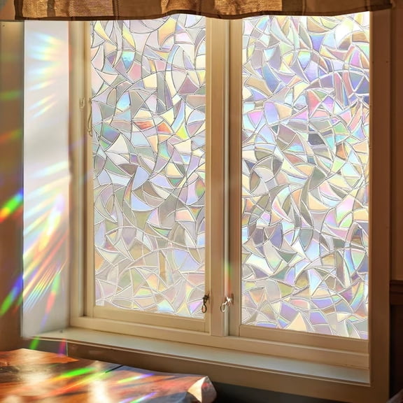 Window Privacy Film Stained Glass Rainbow Window Clings 3D Static Stained Glass Cling Tint Non-Adhesive Reusable Decorative for Home(Rhombus,17.5 x 78.7 in)