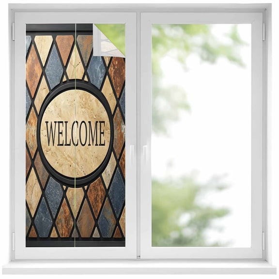 Window Privacy Film Stained Glass Stained Glass Window Film Decorative Sun Block Window Cover Vintage Farmhouse Diamonds Geometric Window Clings Static Adhesive Sticker for Bathroom 19.6"x39.3"