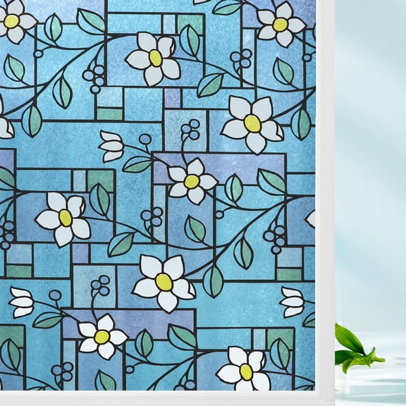 Window Privacy Film, Stained Glass Window Film Flower Pattern Privacy Window Film Decorative Glass Film No Glue Anti-UV Window Sticker Non Adhesive for Bedroom Living Room 17.5 x 78.7 inches, Clear