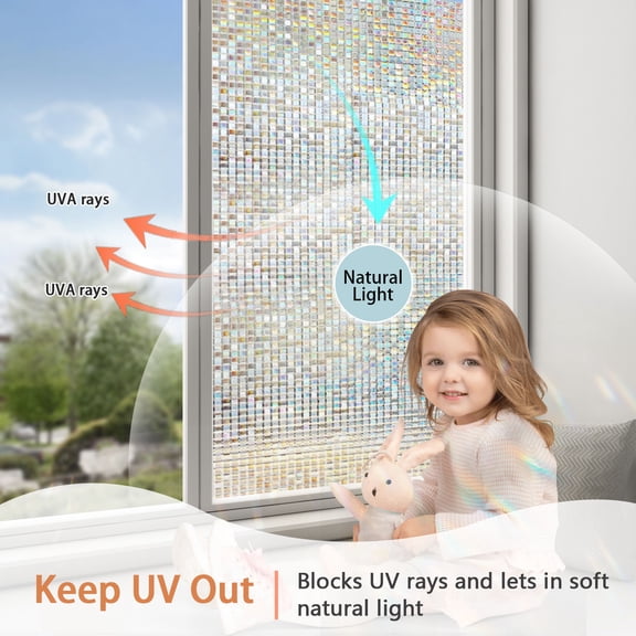 Window Privacy Film Stained Glass Window Film, Mosaic Rainbow Decorative Glass Cling, Removable Static Cling Tint UV Blocking, Non-Adhesive Privacy Covering for Home, 17.5 x 118.1 inches