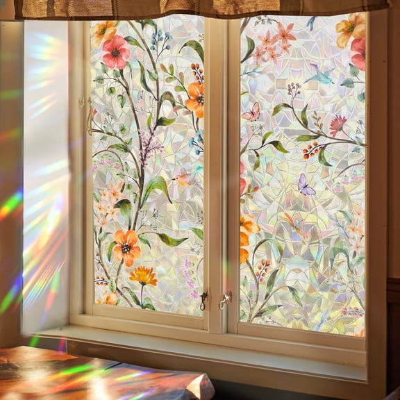 Window Privacy Film Stained Glass,Window Film Privacy Decorative,Rainbow Window Clings Non-Adhesive Reusable Decorative for Room(Flower,17.5 x 78.7 in)