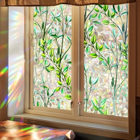 Window Privacy Film, Stained Glass Film Privacy Decorative, Rainbow Window Clings Non-Adhesive Reusable Tint for Windows (Leaf ,17.5 x 78.7 in)