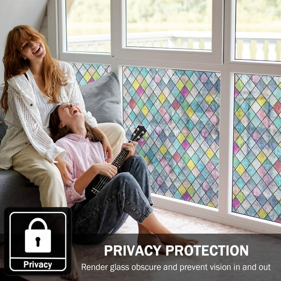 Window Privacy Film, Stained Glass Window Film, Window Privacy Films, Colorful Lattice Window Tint, Rainbow Glass Decals Stickers for Home Anti UV 17.3 x 78.7 inches, Multicolor