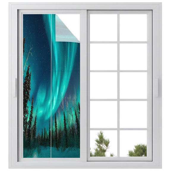 Window Privacy Film Star Sky Stained Glass Window Film Decorative Sun Block Window Cover Turquoise Lights Natural Night Scenery Window Clings Static Adhesive Sticker for Bathroom 23.6"x59"