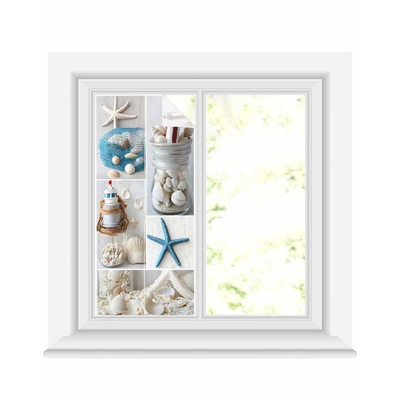 Window Privacy Film Starfish Stained Glass Window Film Decorative Sun Block Window Cover Ocean Shell Coastal Nautical Flag Light-house Window Clings Static Adhesive Sticker for Bathroom 17.7"x39.3"