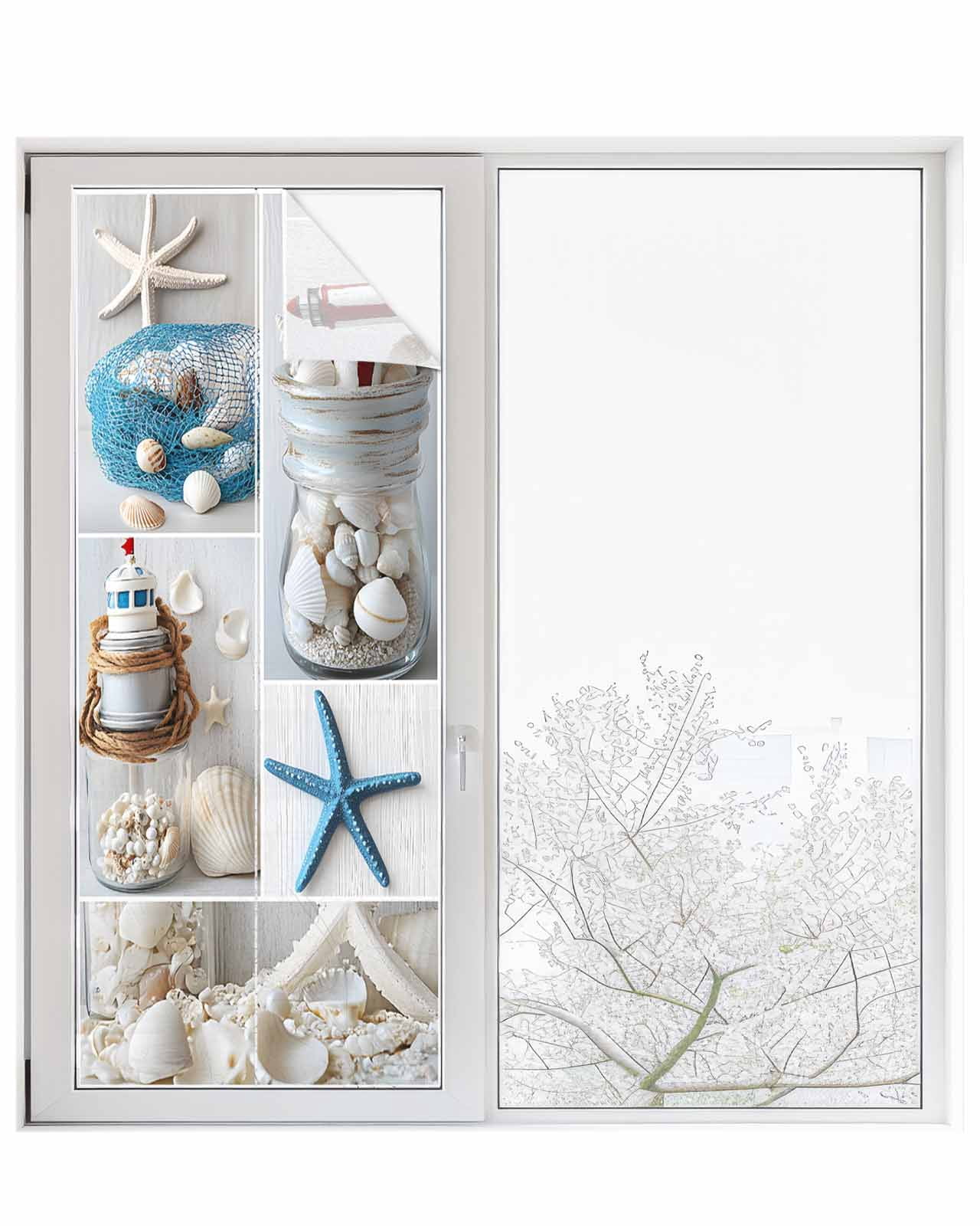 Window Privacy Film Starfish Stained Glass Window Film Decorative Sun Block Window Cover Ocean Shell Coastal Nautical Flag Light-house Window Clings Static Adhesive Sticker for Bathroom 23.6"x59"