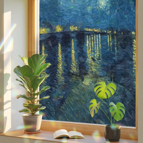 Window Privacy Film Starry Sky River Stained Glass Window Film Star Moon Sunlight Impressionist Static Window Clings for Glass Windows Home Bathroom Living Room Office Door Sticker 17.7"39.3"