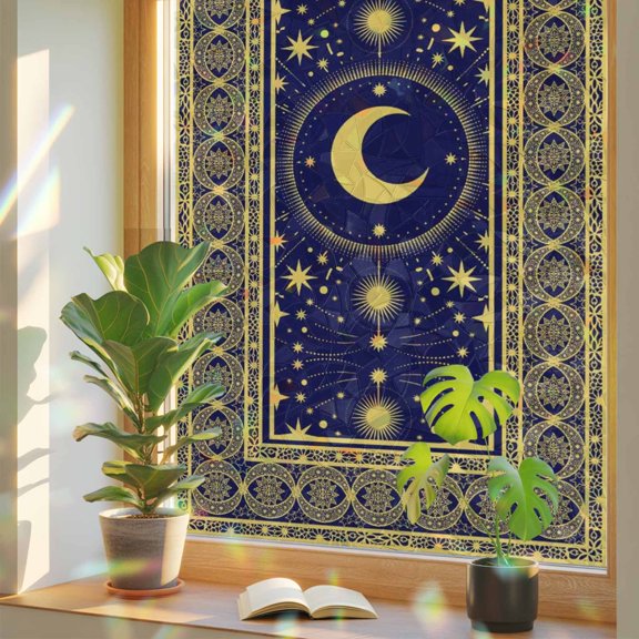 Window Privacy Film Stars Moon Stained Glass Window Film Yellow Bohemian Gorgeous Geometric Rainbow Static Window Clings for Glass Windows Home Bathroom Living Room Office Door Sticker 17.7"39.3"