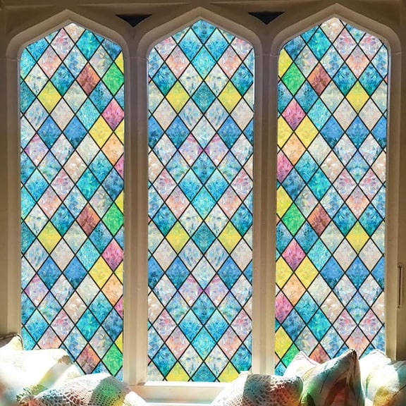 Window Privacy Film, Static Cling Stained Glass Window Film Decorative, Non-Adhesive 3D Rainbow Frosting Film Anti-UV for Bathroom Home Door 17.5" x 78.7"
