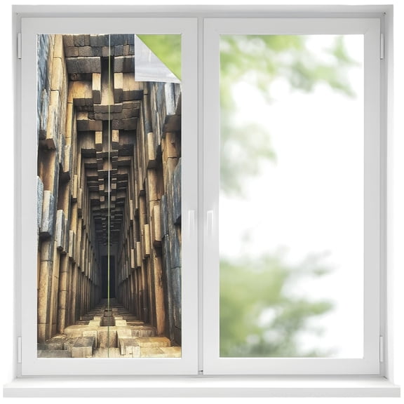 Window Privacy Film Stone Corridor Stained Glass Window Film Decorative Window Cover Deep Well Blocks Industrial Structured Walls Window Clings Static Adhesive Sticker for Bathroom 19.6"x39.3"