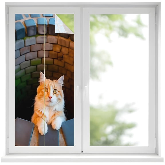 Window Privacy Film Stone Well Cute Cat Stained Glass Window Film Decorative Sun Block Window Cover Funny Animal Farmhouse Window Clings Static Adhesive Sticker for Bathroom 17.7"x39.3"