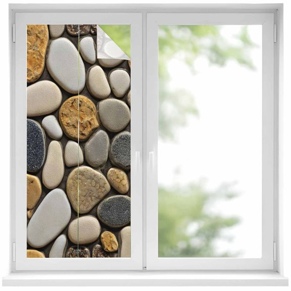 Window Privacy Film Stones Stained Glass Window Film Decorative Sun Block Window Cover Gravel Rock Cobblestone Natural Pattern Art Window Clings Static Adhesive Sticker for Bathroom 19.6"x39.3"
