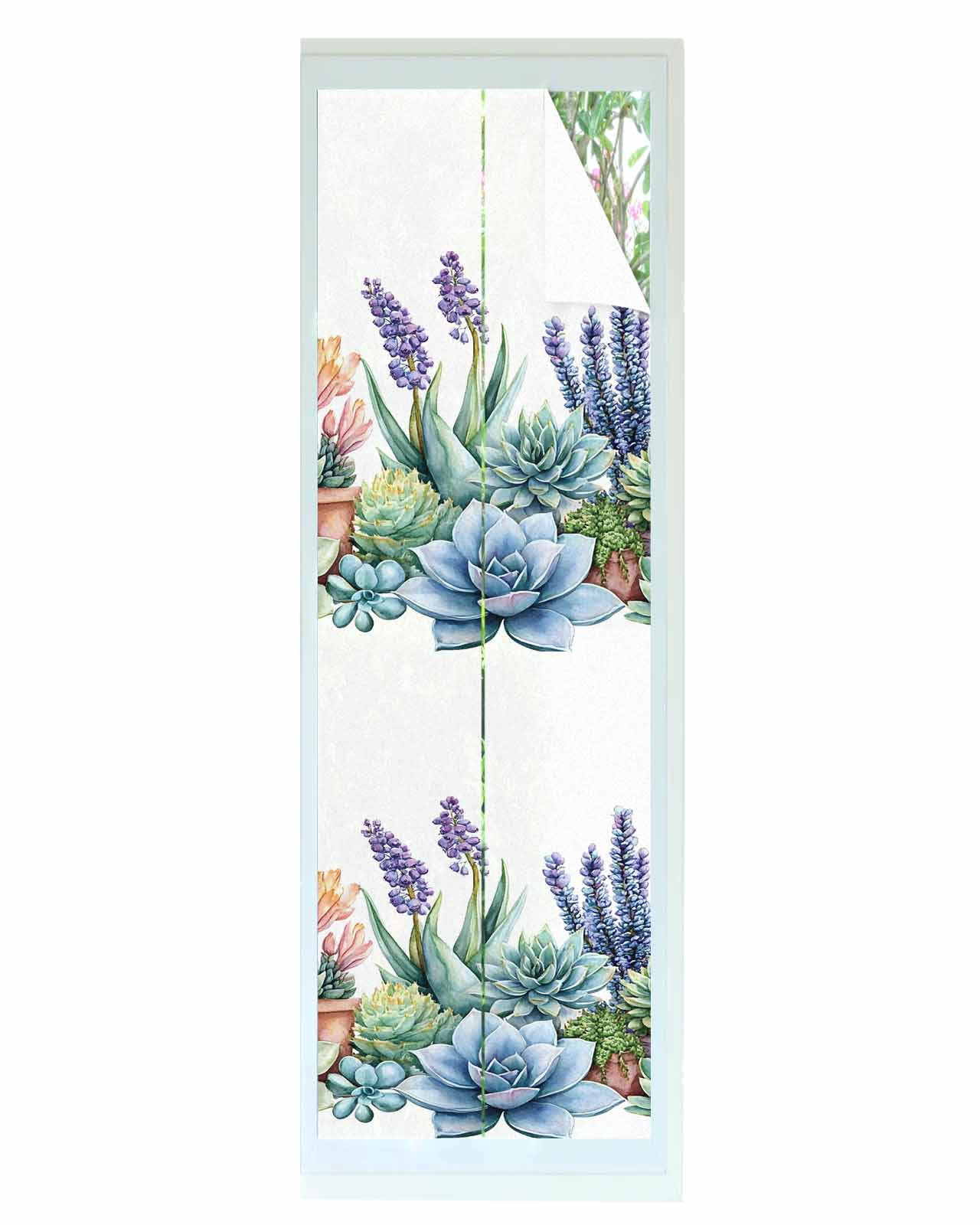Window Privacy Film Succulent Stained Glass Window Film Decorative Sun Block Window Cover Spring Botanical Tropical Flower Window Clings Static Adhesive Sticker for Bathroom 29.5"x118"