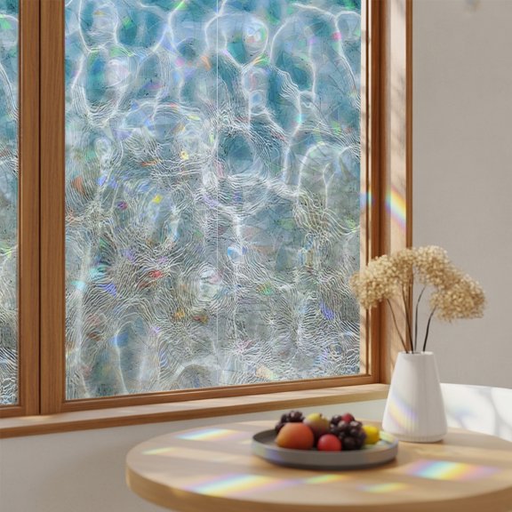 Window Privacy Film, Summer Beach Stained Glass Rainbow Film Summer Water Ripple Ocean Art Decorative Window Clings, Static Cling Sun Blocking Stickers For Bathroom Bedroom 17.7"x39.3"