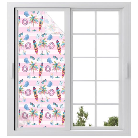 Window Privacy Film Summer Beach Stained Glass Window Film Decorative Sun Block Window Cover Surfboard Palm Ship Sunglasses Pink Striped Window Clings Static Adhesive Sticker for Bathroom 23.6"x59"