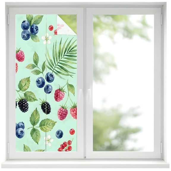 Window Privacy Film Summer Berry Stained Glass Window Film Decorative Window Cover Botanical Blueberry Raspberry Flowers Leaves Window Clings Static Adhesive Sticker for Bathroom 17.7"x39.3"