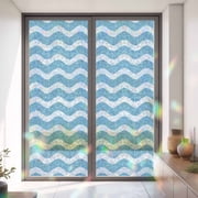 Window Privacy Film Summer Blue Water Ripples Stained Glass Static Cling 35x79inch, Abstract Geometric White Line Rainbow Window Film Glass Sticker for Bathroom Bedroom Home