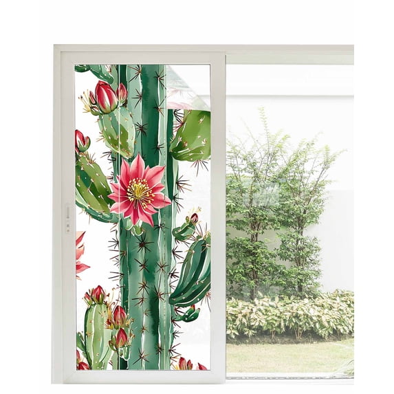 Window Privacy Film Summer Cactus Floral Stained Glass Window Film Decorative Sun Block Window Cover Watercolor Red Flower Plant Window Clings Static Adhesive Sticker for Bathroom 35.4"x78.7"