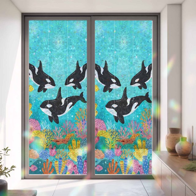 Corilo Fish Window Privacy Film,Summer Cartoon Whales Coral Fish Static Clings ...