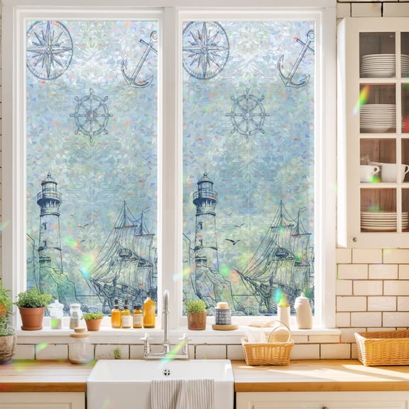 Window Privacy Film,Summer Coastal Retro Lighthouse Static Clings Decorative Rainbow Window Films Stickers Sailboat Compass Anchor Sun Blocking Glass Cover for Home Bathroom Office,17.7"x39.3"