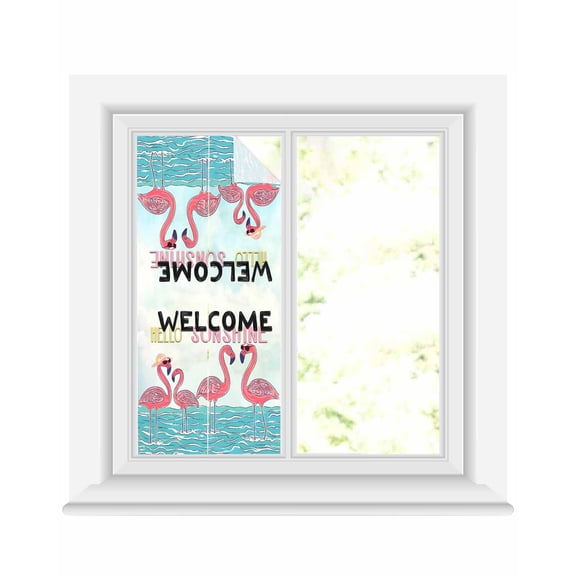 Window Privacy Film Summer Cute Flamingo Stained Glass Window Film Decorative Sun Block Window Cover Cartoon Animal Hello Sunshine Window Clings Static Adhesive Sticker for Bathroom 19.6"x39.3"