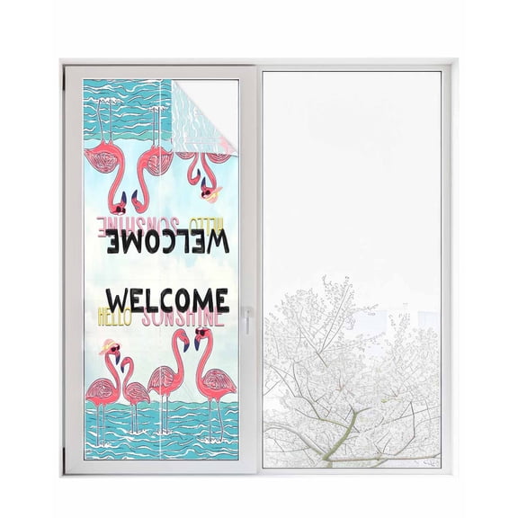 Window Privacy Film Summer Cute Flamingo Stained Glass Window Film Decorative Sun Block Window Cover Cartoon Animal Hello Sunshine Window Clings Static Adhesive Sticker for Bathroom 23.6"x59"