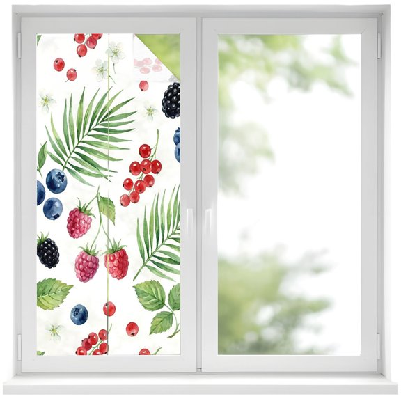 Window Privacy Film Summer Fruit Stained Glass Window Film Decorative Sun Block Window Cover Spring Botanical Blueberry Raspberry Leaves Window Clings Static Adhesive Sticker for Bathroom 19.6"x39.3"