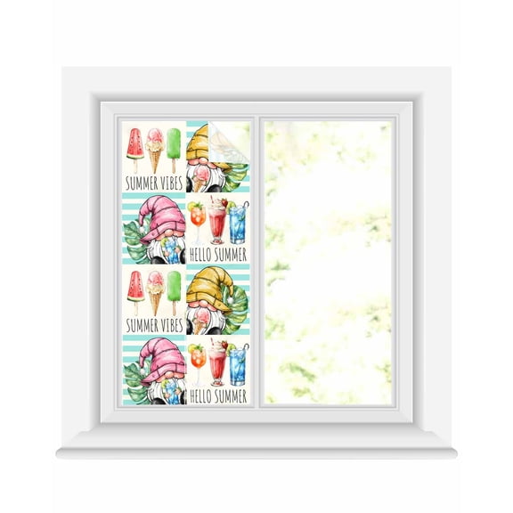 Window Privacy Film Summer Gnomes Stained Glass Window Film Decorative Sun Block Window Cover Palm Leaves Ice Cream Splicing Window Clings Static Adhesive Sticker for Bathroom 19.6"x39.3"