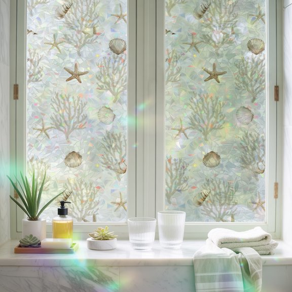 Window Privacy Film,Summer Ocean Beige Coral Starfish Static Clings Decorative Rainbow Window Films Stickers Nautical Conch Shell Sun Blocking Glass Cover for Home Bathroom Office,17.7"x39.3"