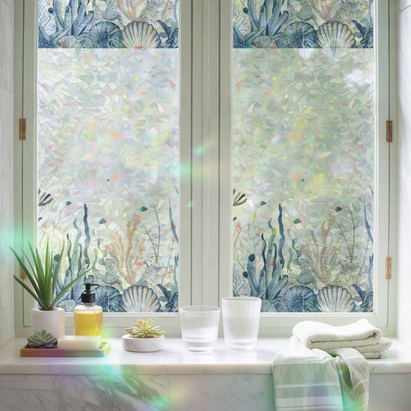 Window Privacy Film,Summer Ocean Coral Seagrass Static Clings Decorative Rainbow Window Films Stickers Abstract Conch Shell Sun Blocking Glass Cover for Home Bathroom Office,17.7"x39.3"