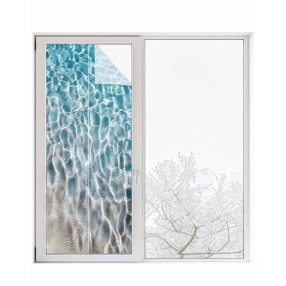 Window Privacy Film Summer Ocean Stained Glass Window Film Decorative Sun Block Window Cover Blue Water Ripple Farmhouse Texture Window Clings Static Adhesive Sticker for Bathroom 23.6"x59"