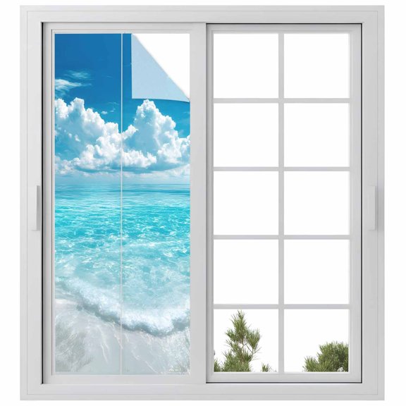 Window Privacy Film Summer Ocean Stained Glass Window Film Decorative Sun Block Window Cover Coastal Blue Sky Sea Waves Natural Scenery Window Clings Static Adhesive Sticker for Bathroom 29.5"x78.7"