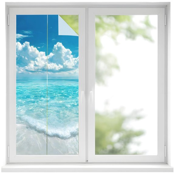 Window Privacy Film Summer Ocean Stained Glass Window Film Decorative Sun Block Window Cover Coastal Blue Sky Sea Waves Natural Scenery Window Clings Static Adhesive Sticker for Bathroom 19.6"x39.3"