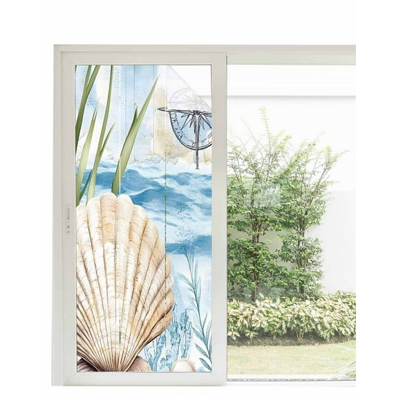 Window Privacy Film Summer Ocean Stained Glass Window Film Decorative Sun Block Window Cover Nautical Sea Shell Coral Wave Window Clings Static Adhesive Sticker for Bathroom 35.4"x78.7"