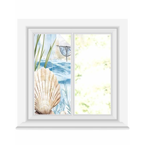 Window Privacy Film Summer Ocean Stained Glass Window Film Decorative Sun Block Window Cover Nautical Sea Shell Coral Wave Window Clings Static Adhesive Sticker for Bathroom 17.7"x39.3"