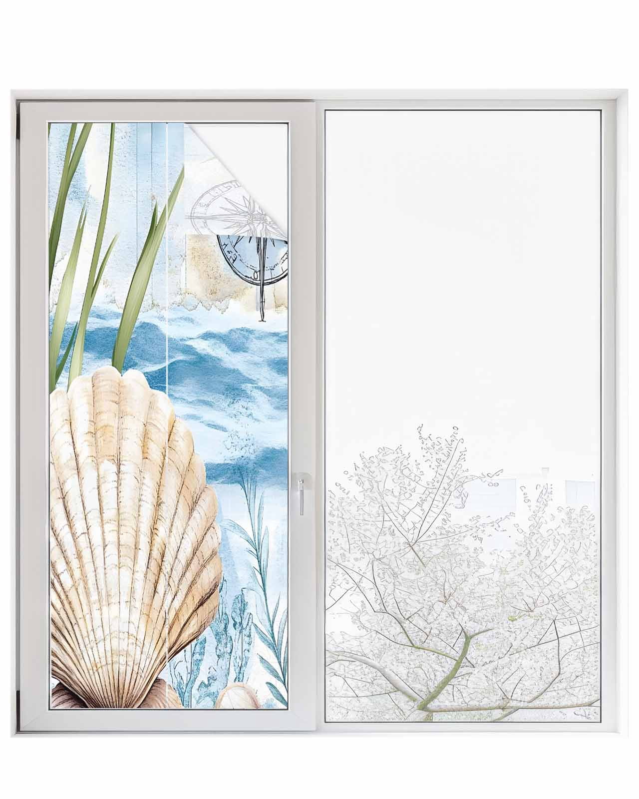 Window Privacy Film Summer Ocean Stained Glass Window Film Decorative Sun Block Window Cover Nautical Sea Shell Coral Wave Window Clings Static Adhesive Sticker for Bathroom 23.6"x59"