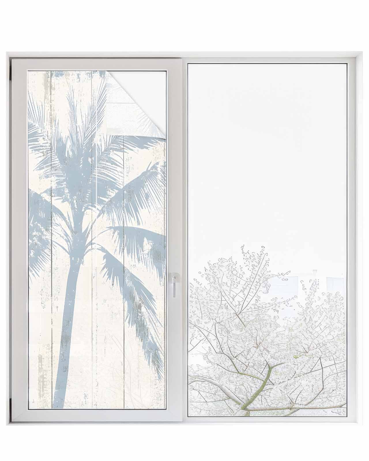 Window Privacy Film Summer Palm Tree Stained Glass Window Film Decorative Sun Block Window Cover Farmhouse Botanical Tropical Plants Window Clings Static Adhesive Sticker for Bathroom 29.5"x78.7"